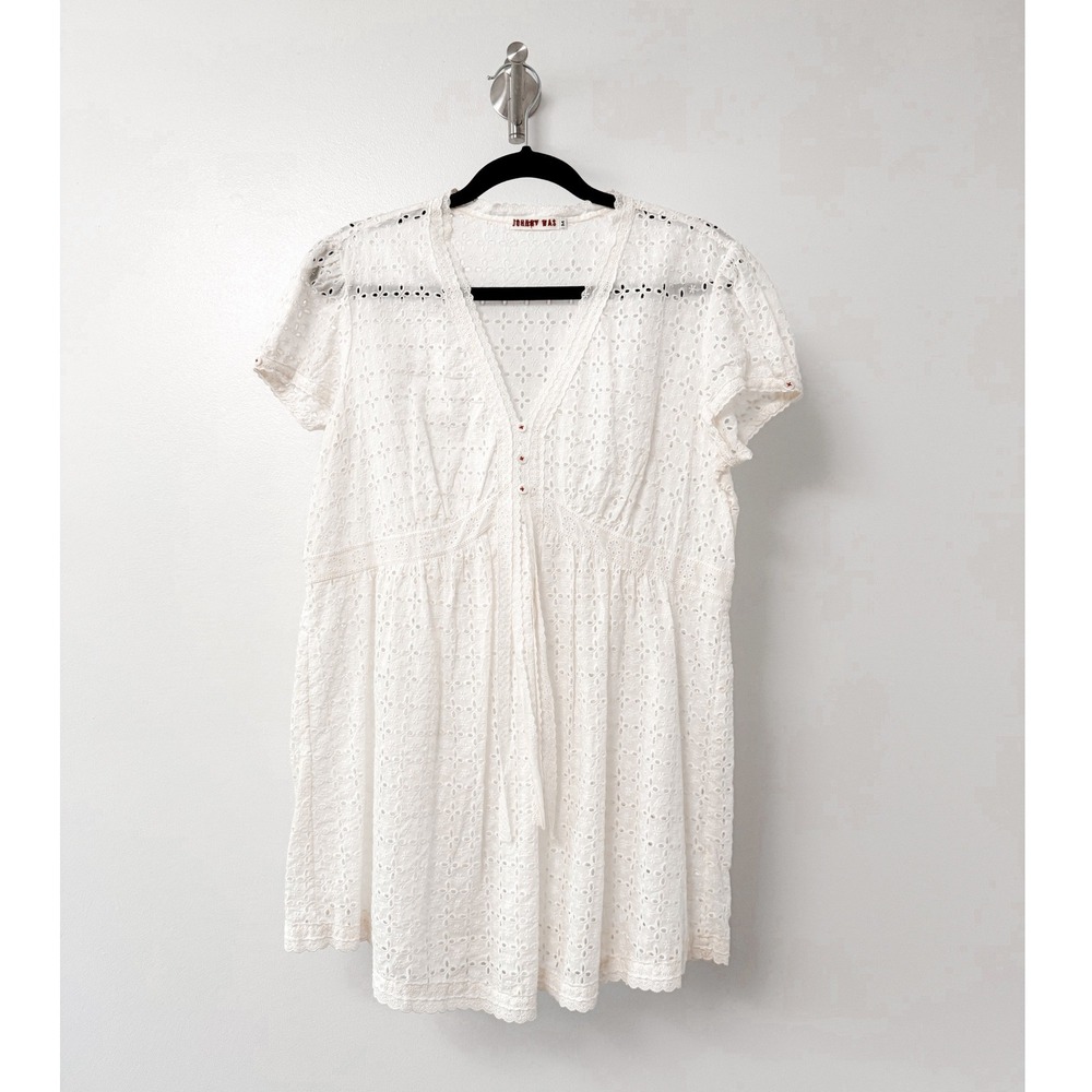 Johnny Was White Eyelet Cotton Tunic Top Short Sleeve V-Neck Boho Medium